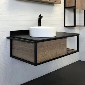 Тумба подвесная Comforty Лиссабон 95 с черной столешницей c раковиной 9111 левая Дуб темный 00-00006269CF