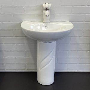 Раковина подвесная Comforty 42 с донным клапаном, пьедесталом и смесителем Белый глянцевый 0991W/DK-02/P0991W/01W