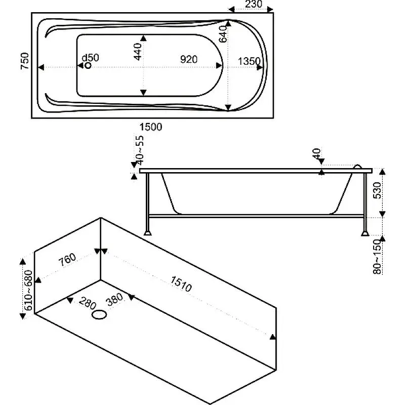 Ванна акриловая BAS Бриз 150х75 Белый В 00006 Ванна акриловая BAS Бриз 150х75 Белый В 00006 — изображение 3